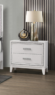 White modern nightstand with crystal accents and two drawers