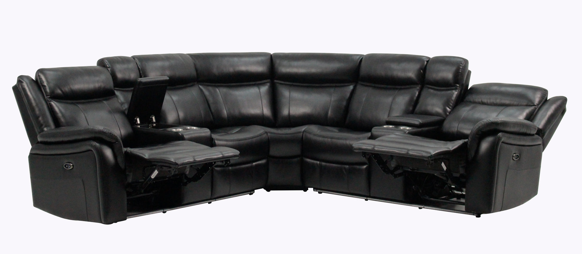 Black faux leather corner sectional sofa with builtin cup holders and reclining seats
