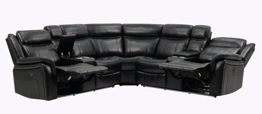 Black faux leather corner sectional sofa with builtin cup holders and reclining seats