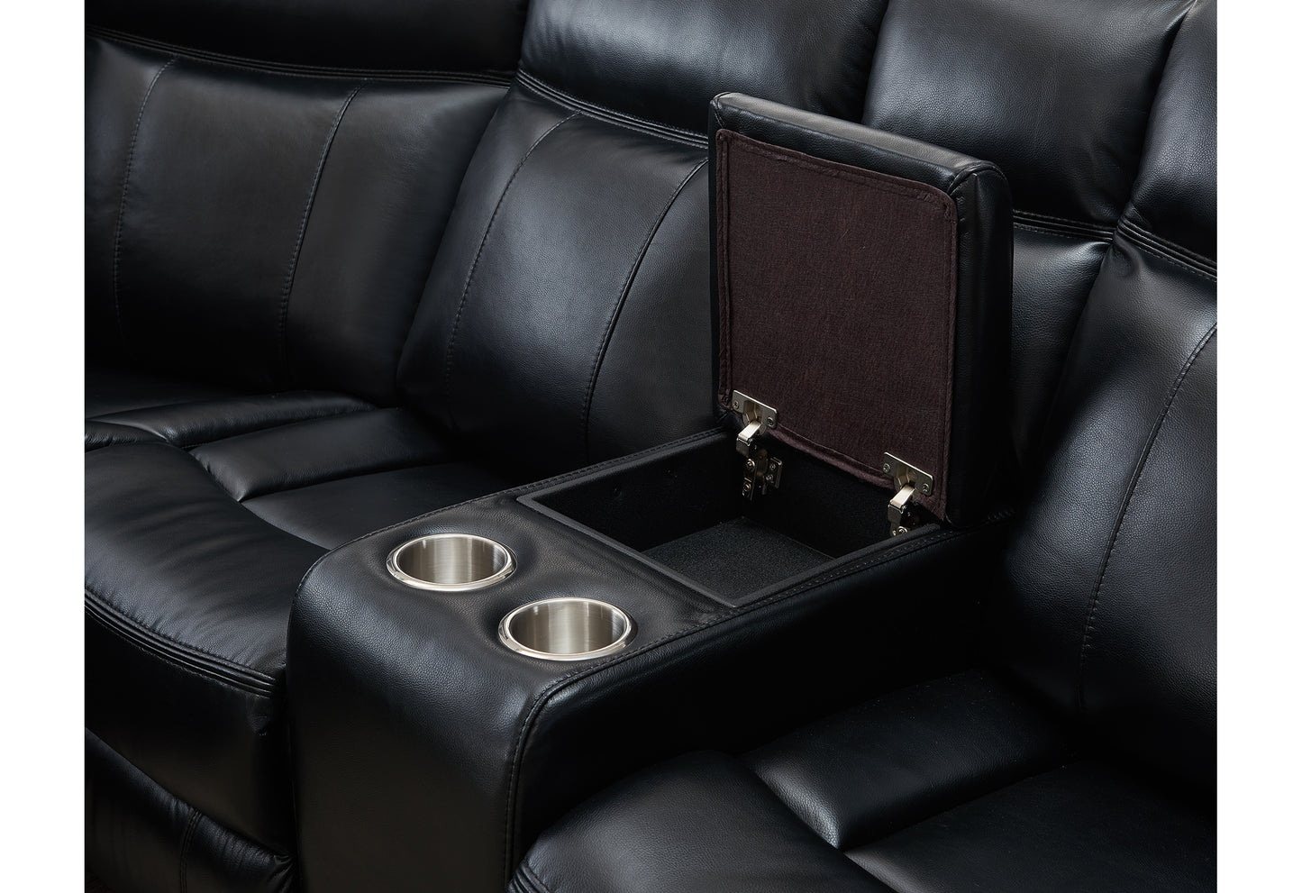 Close up of a black leather reclining sofa featuring two cup holders and an open storage compartment