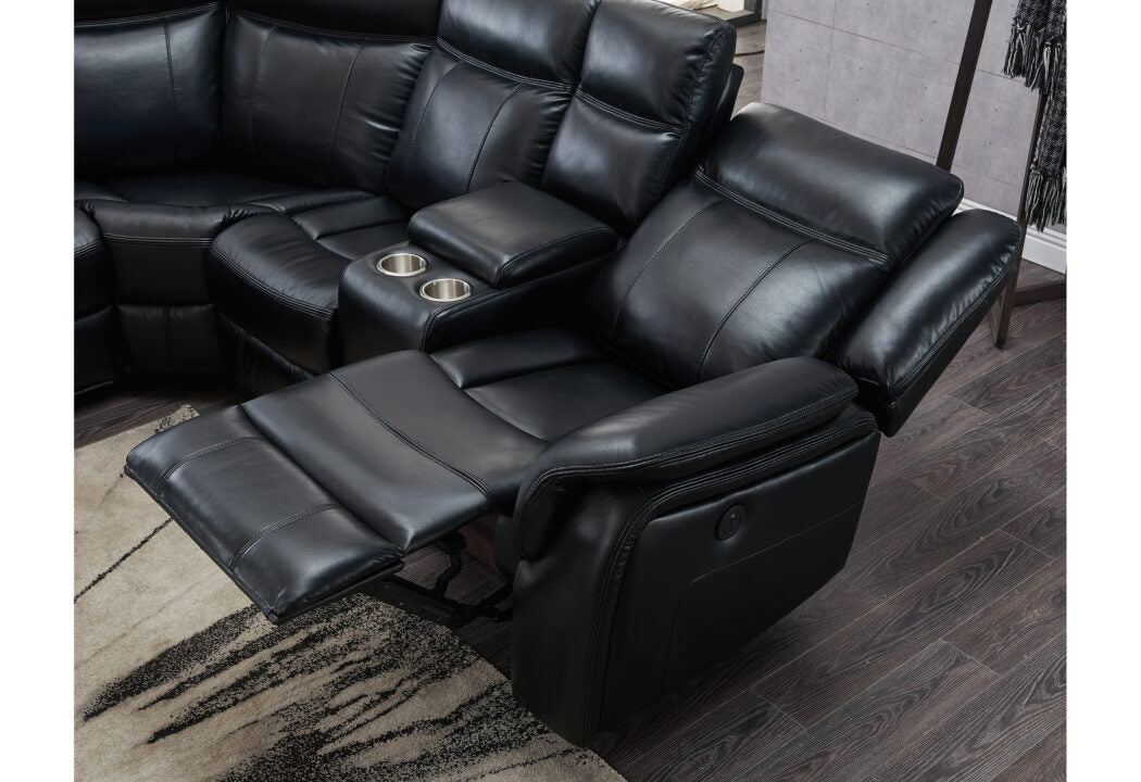 Black leather sectional sofa with reclining seats and cup holders