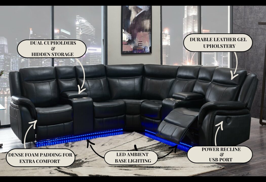 Black leather gel sectional sofa with dual cupholders hidden storage and power recline