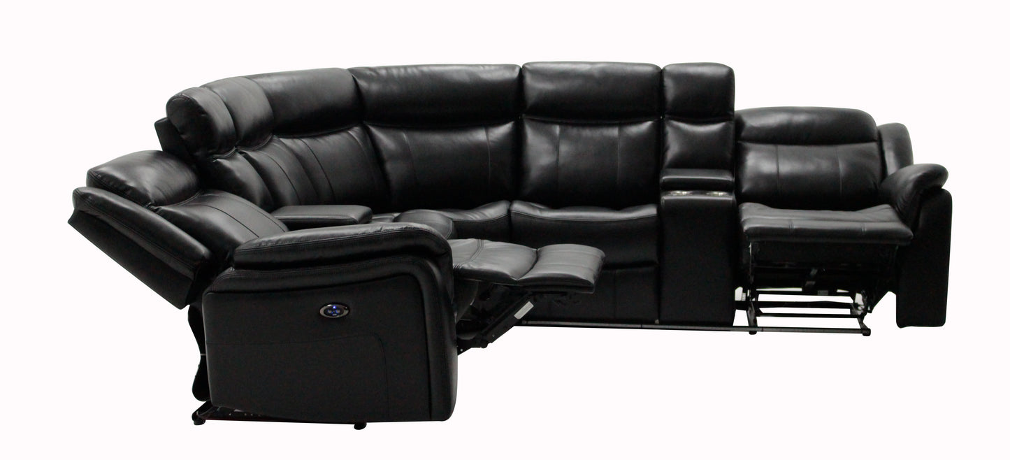 Black leather sectional sofa with multiple reclining seats and cup holders