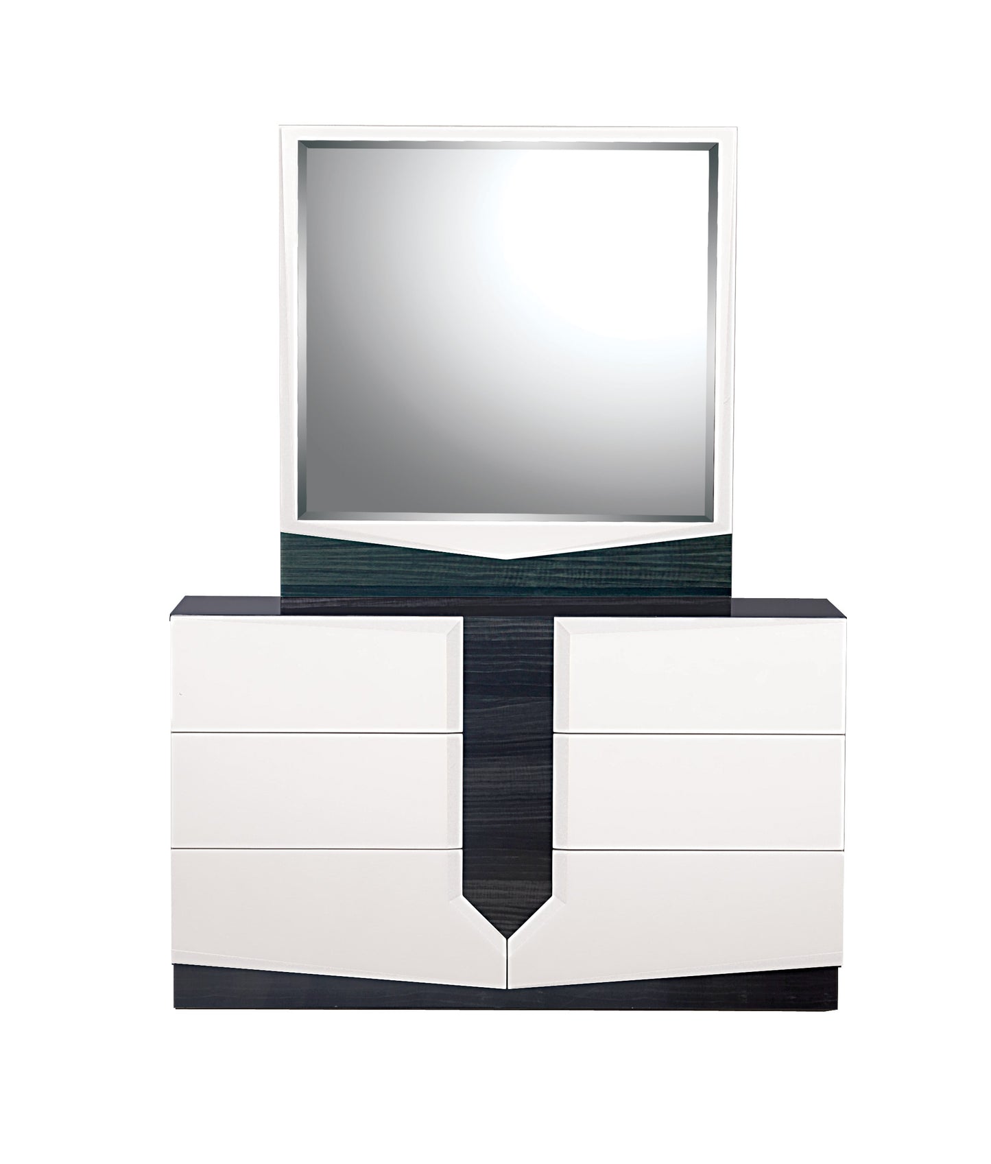 Modern white dresser with dark wood accents and a large mirror  drawers