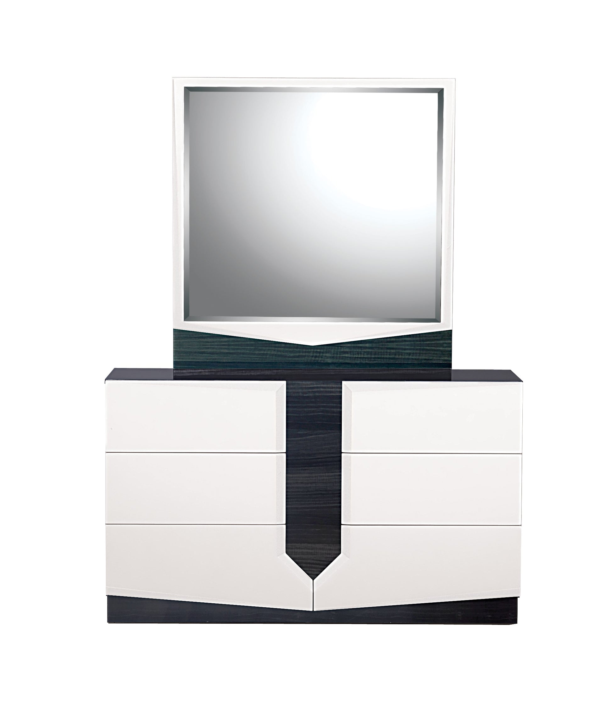 Modern white dresser with dark wood accents and a large mirror  drawers