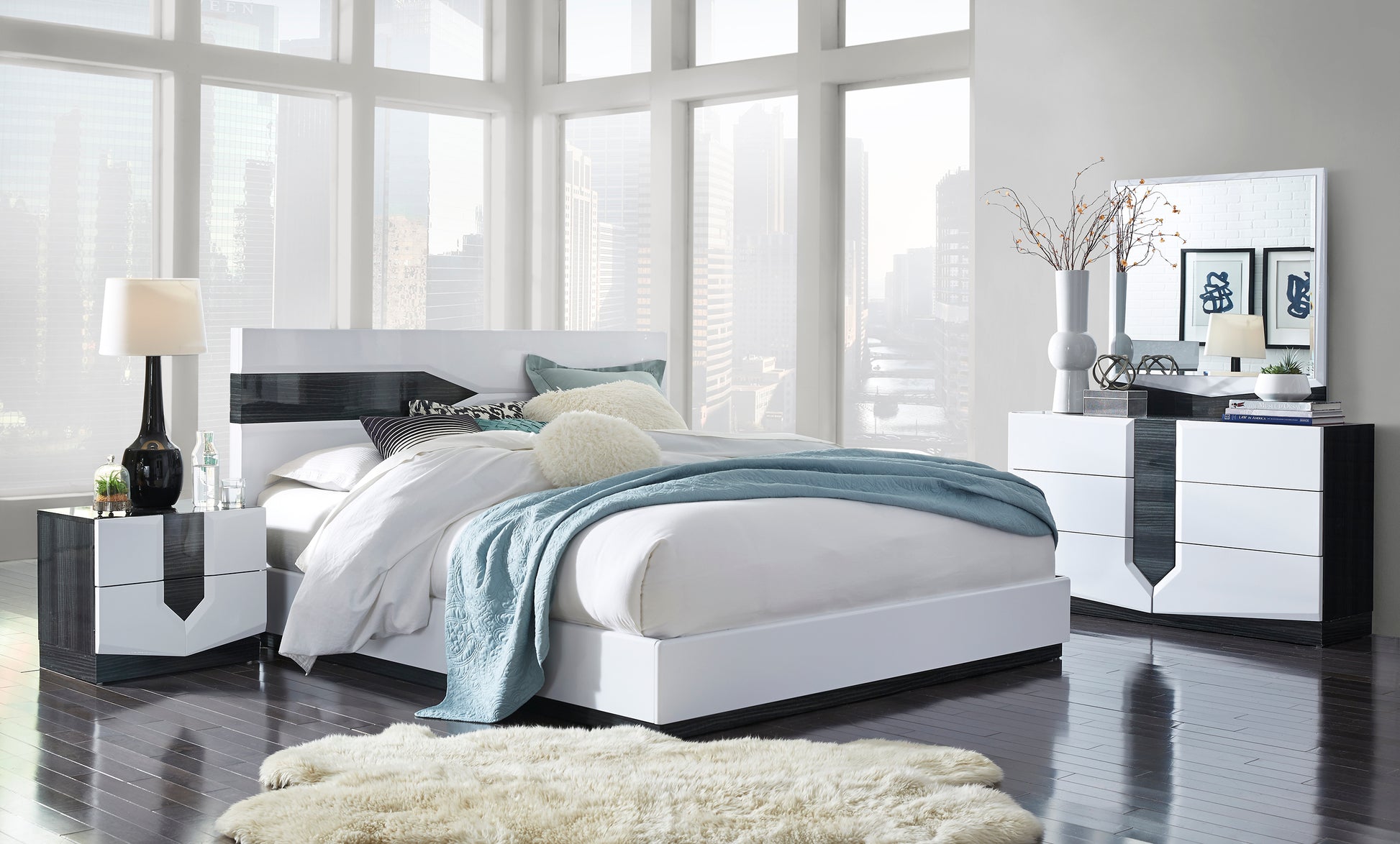 Modern white platform bed with black accent queen size for contemporary bedroom
