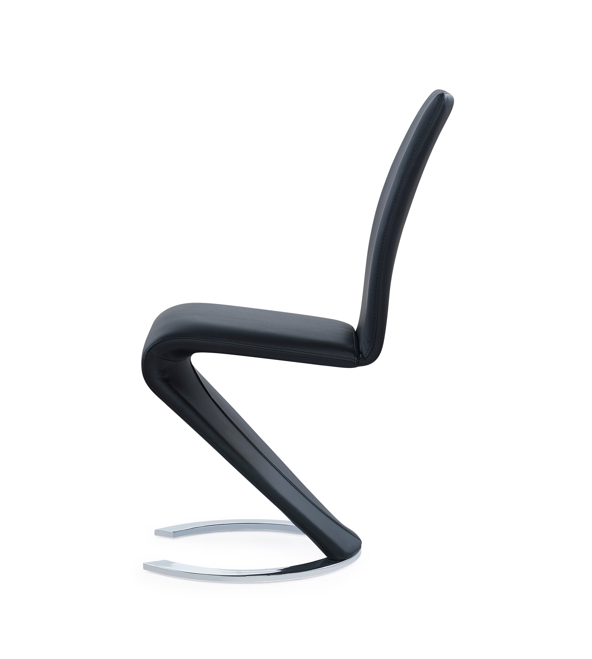 Modern black faux leather dining chair with a chrome cantilever base