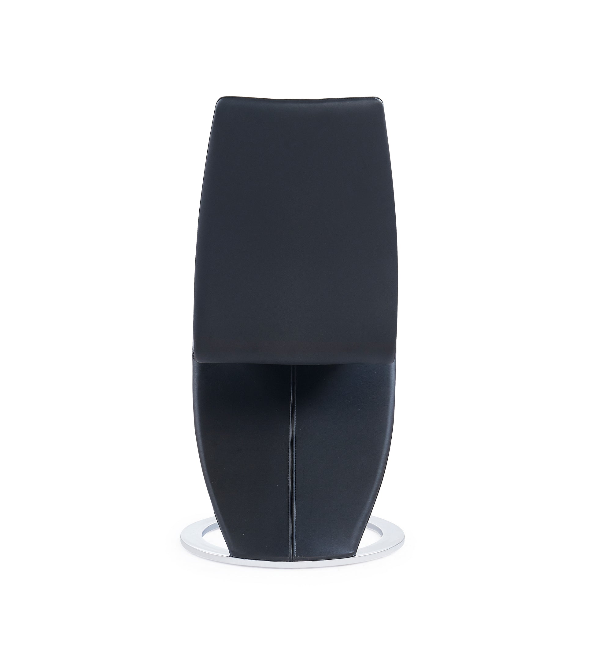 Black faux leather swivel chair with a curved back and chrome base