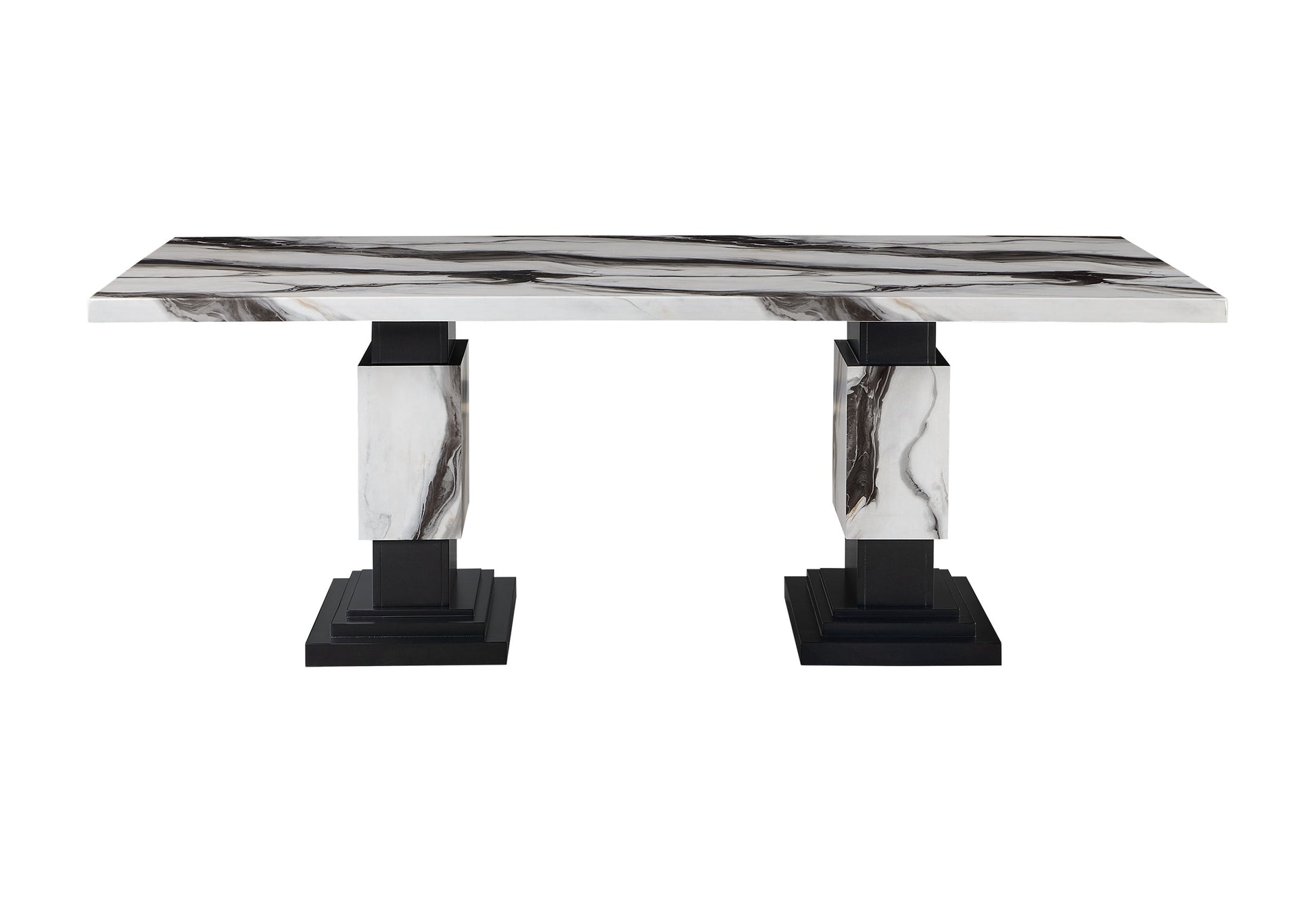 Modern rectangular dining table with black and white marble top and black pedestal legs