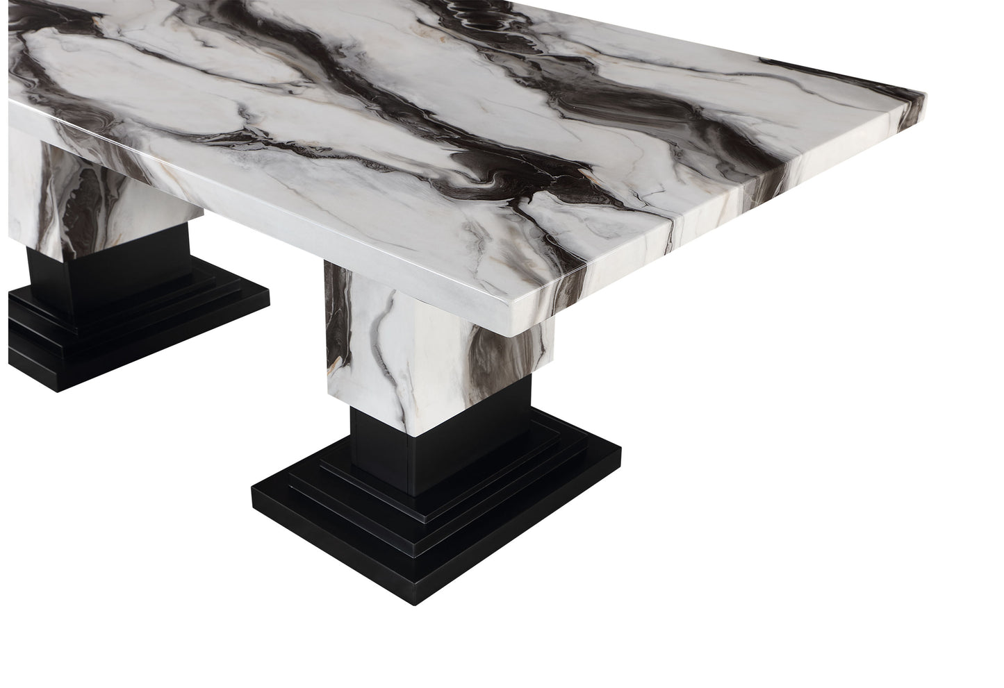 Modern dining table with a black and white marblelook resin top and black pedestal base