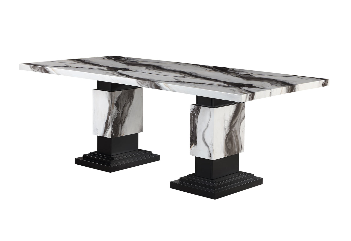 Modern console table with marblelook top and black pedestal legs