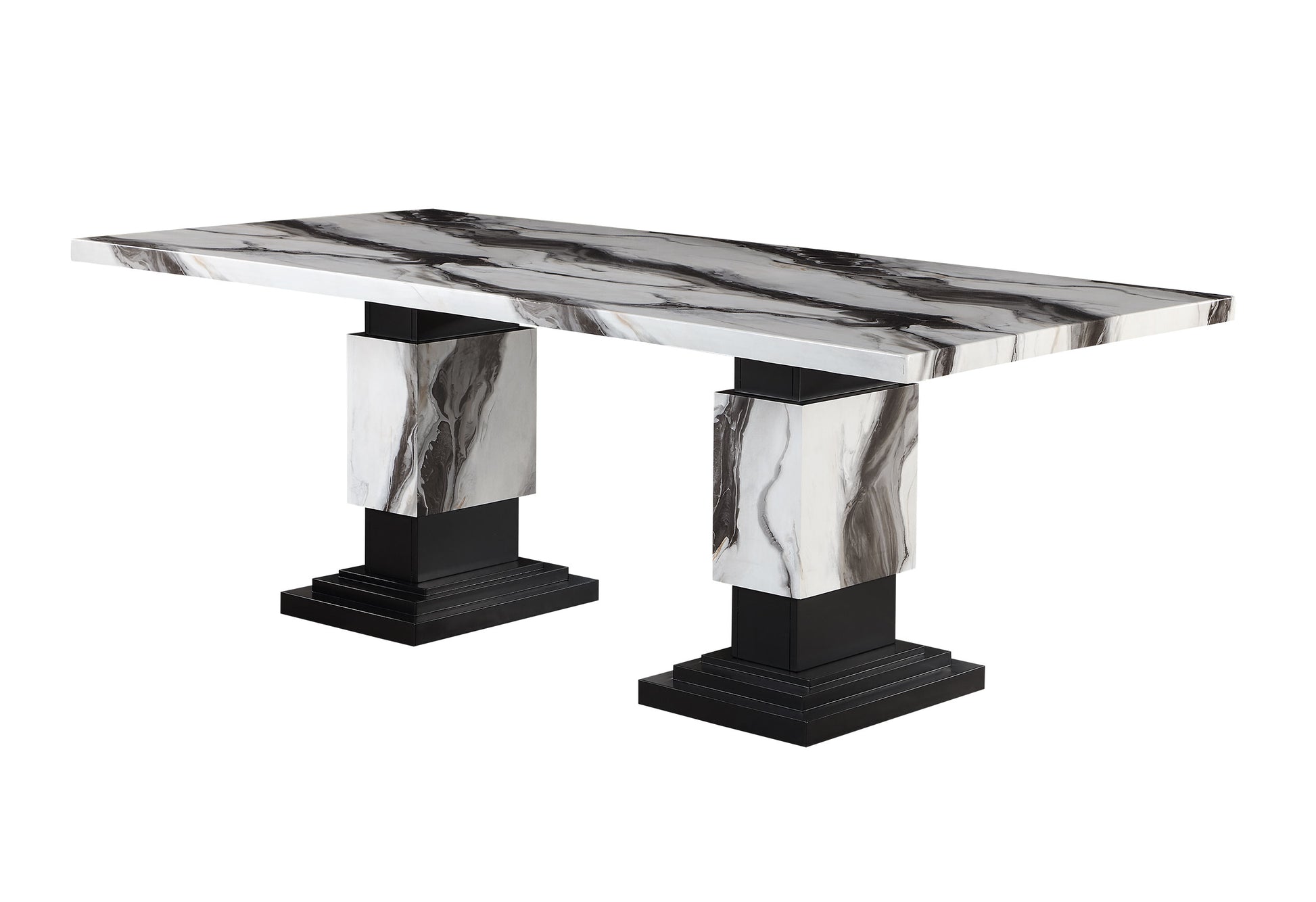 Modern console table with marblelook top and black pedestal legs