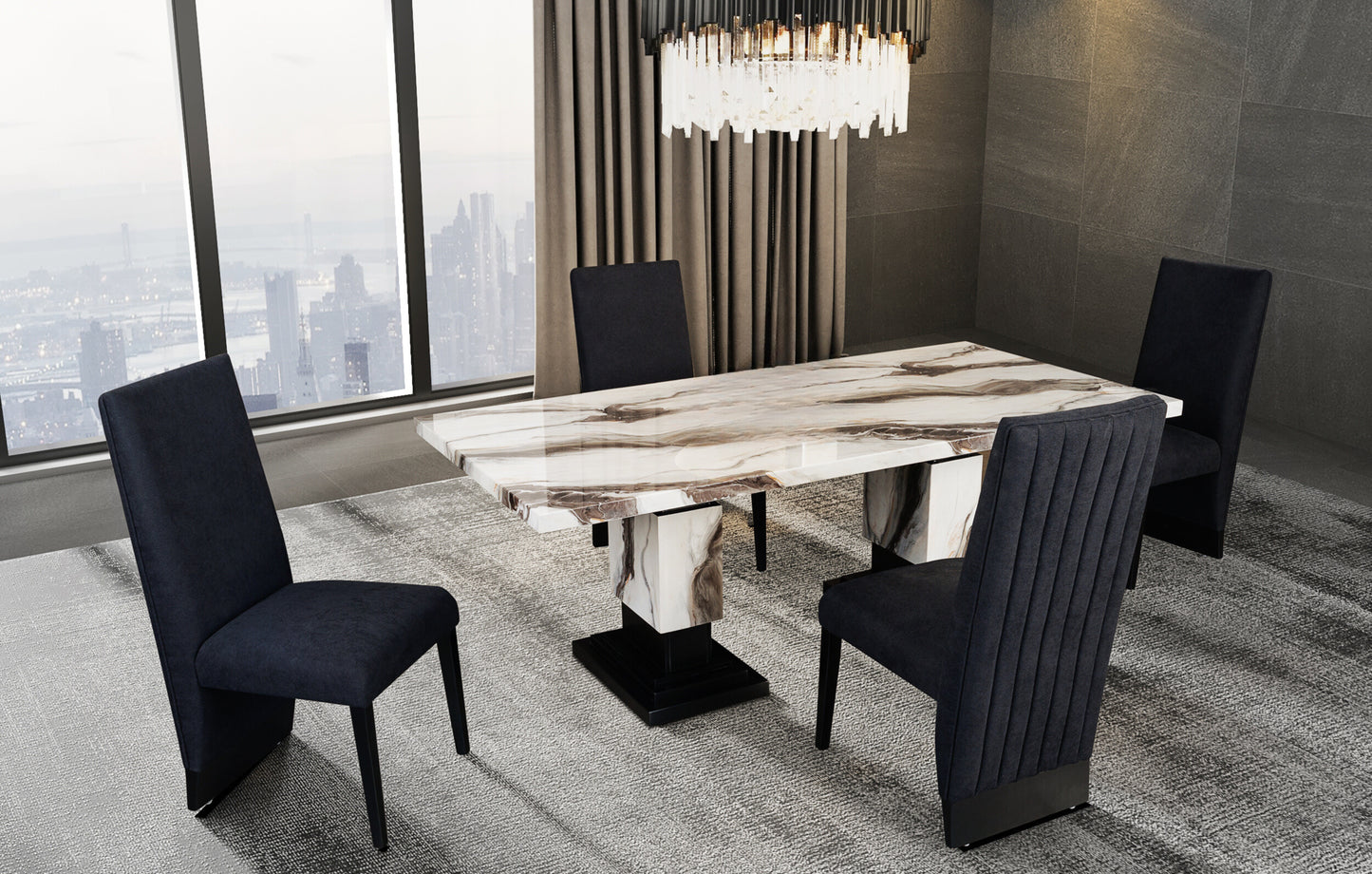 Luxury dining table with marble top and four dark upholstered chairs