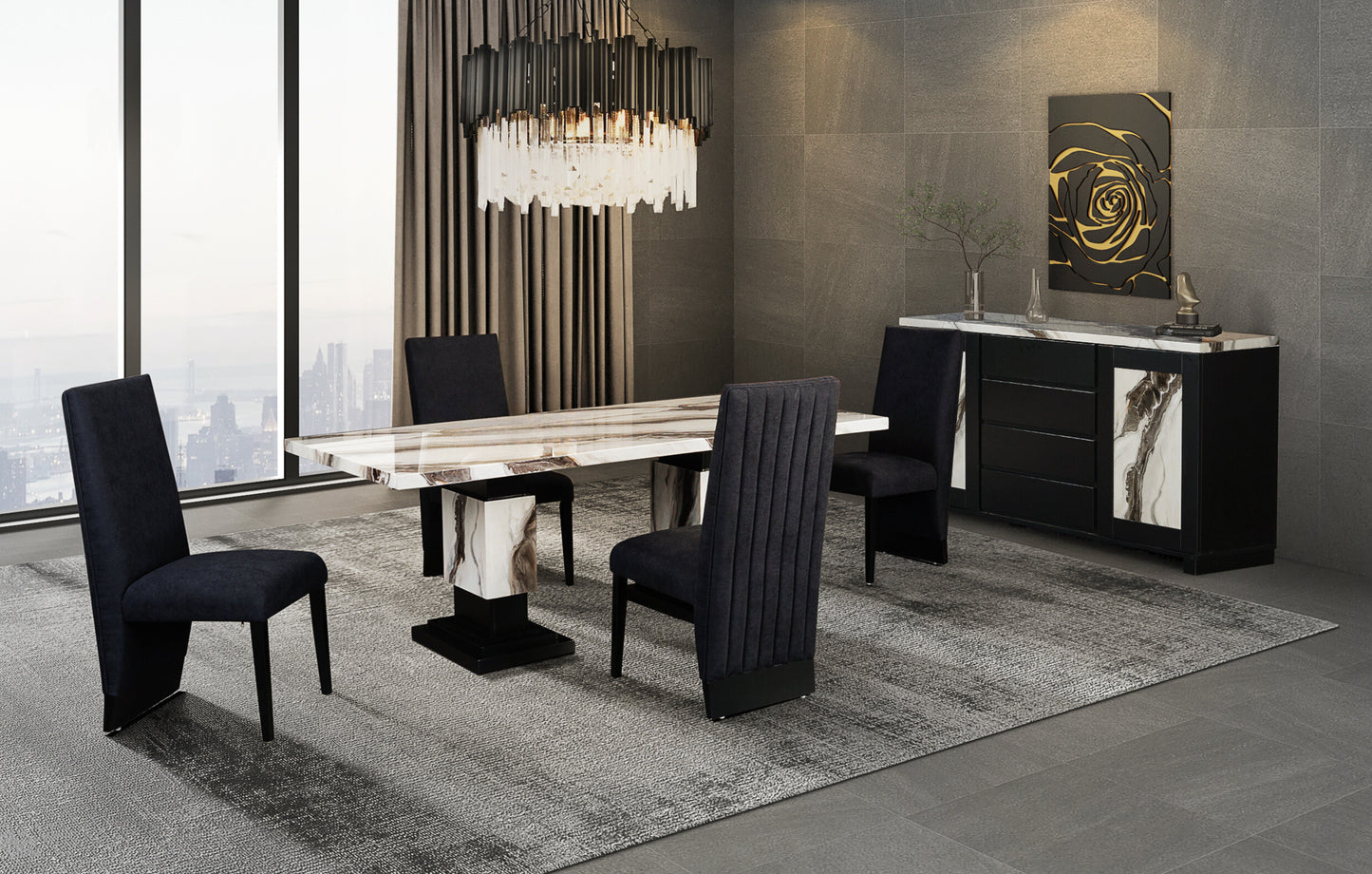 Luxurious marble dining table with a modern black pedestal base seating four guests
