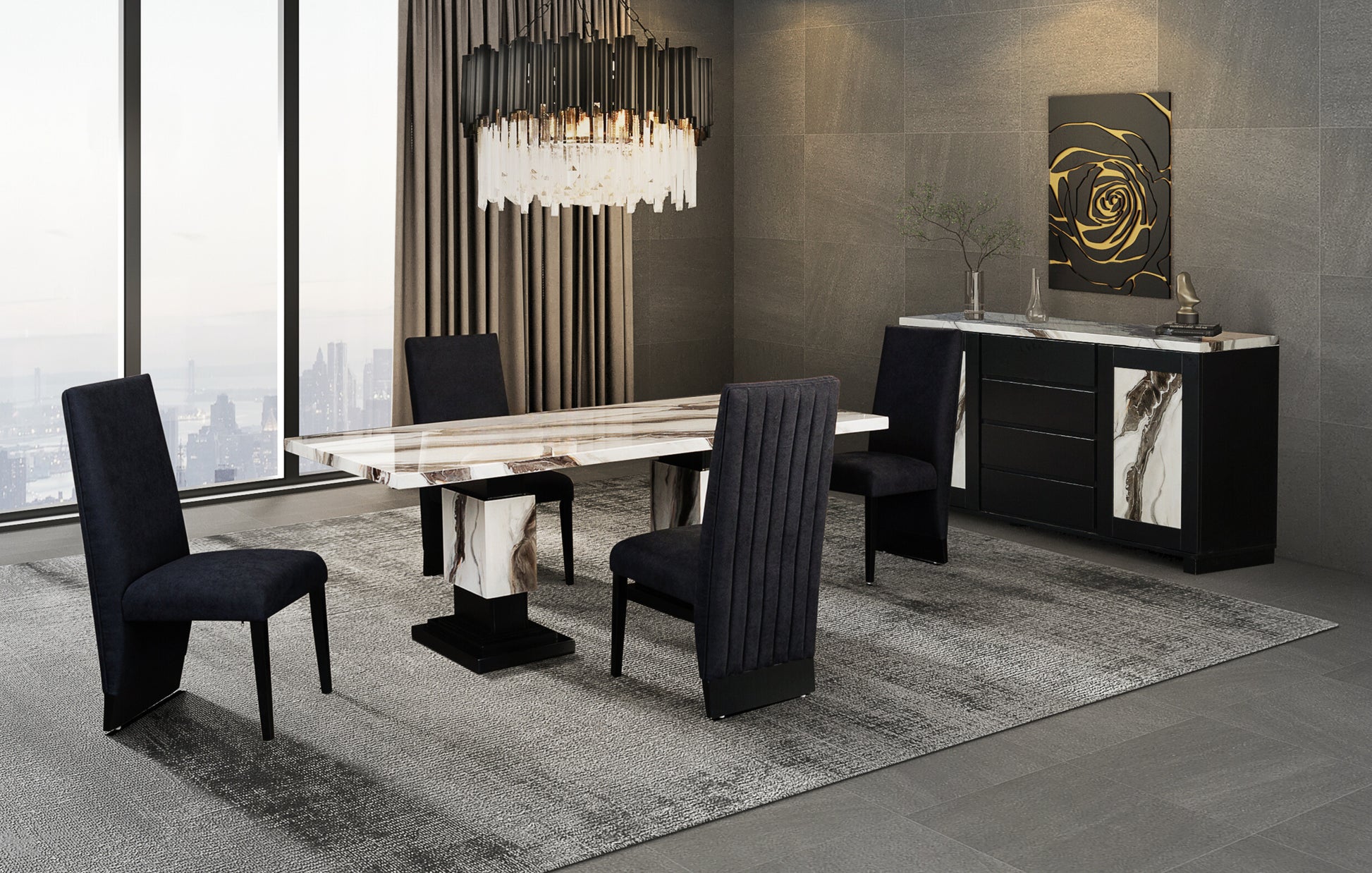 Luxurious marble dining table with a modern black pedestal base seating four guests