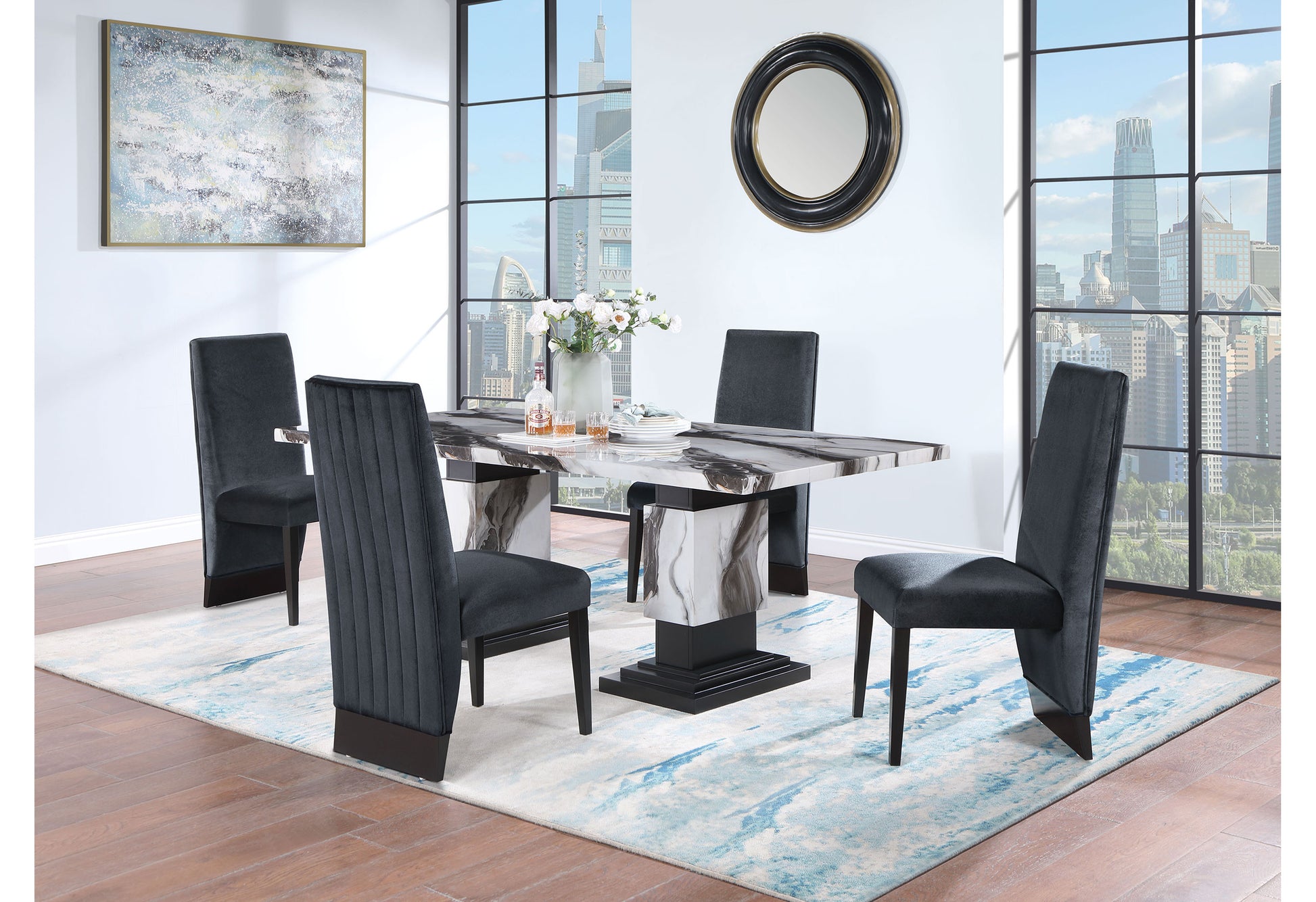 Modern dining set with marble top table and four charcoal velvet chairs