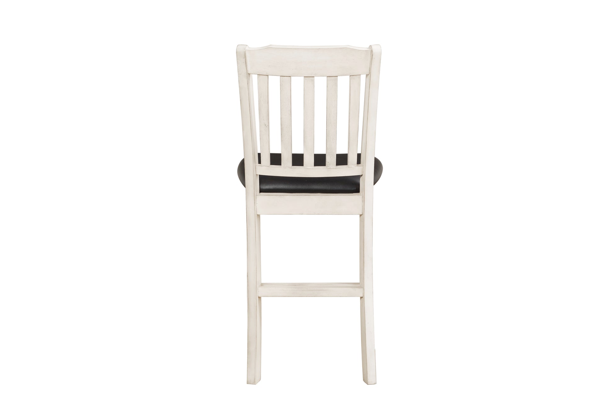 Distressed white farmhouse bar stool with black vinyl seat and slatted back