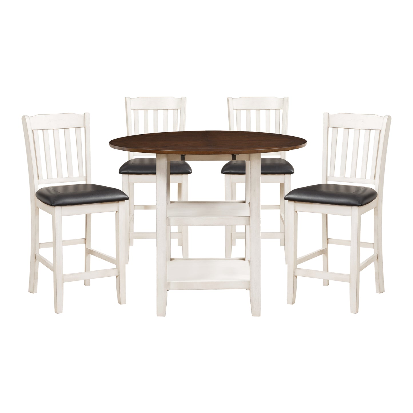 White and dark wood counter height dining table set with four black upholstered chairs