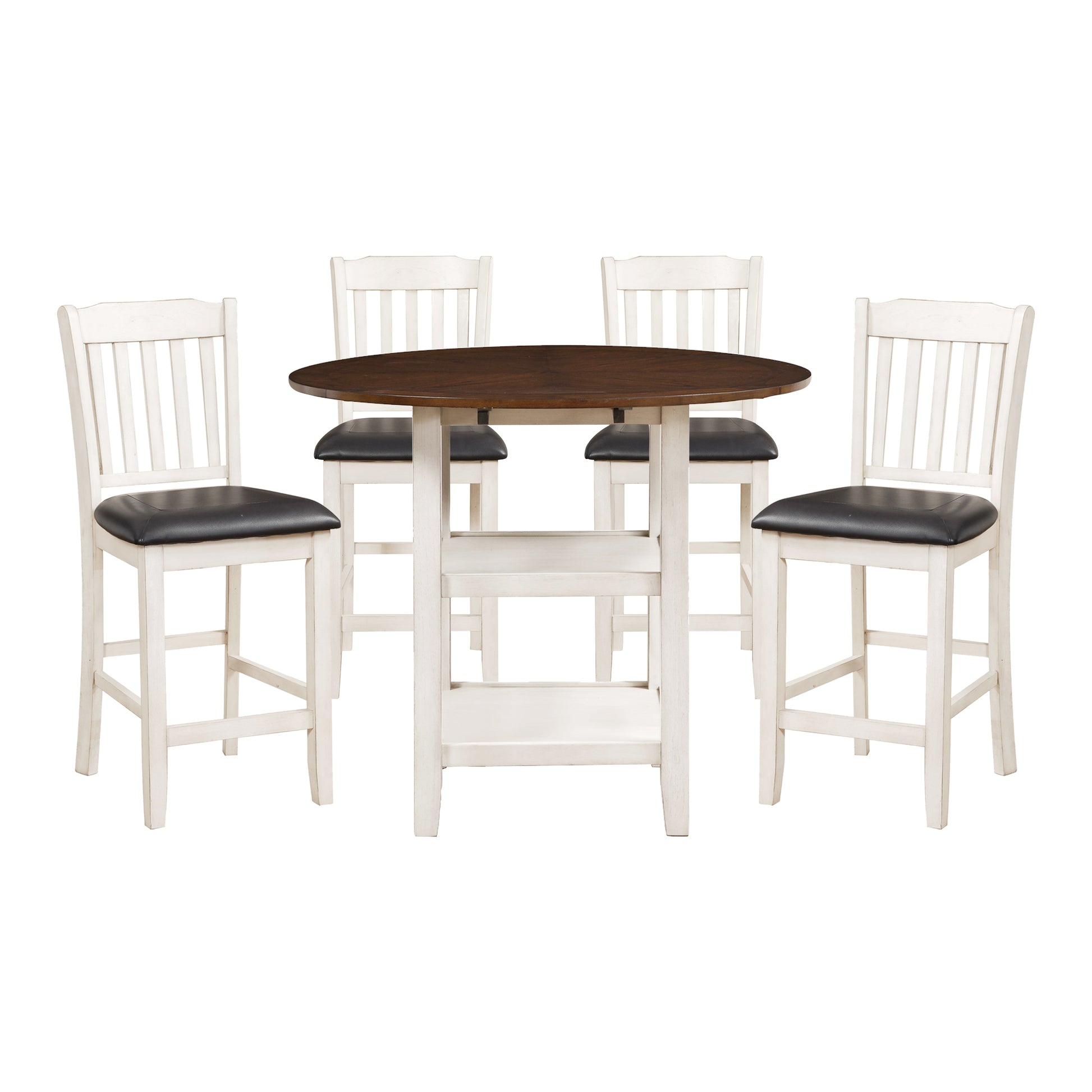 White and dark wood counter height dining table set with four black upholstered chairs