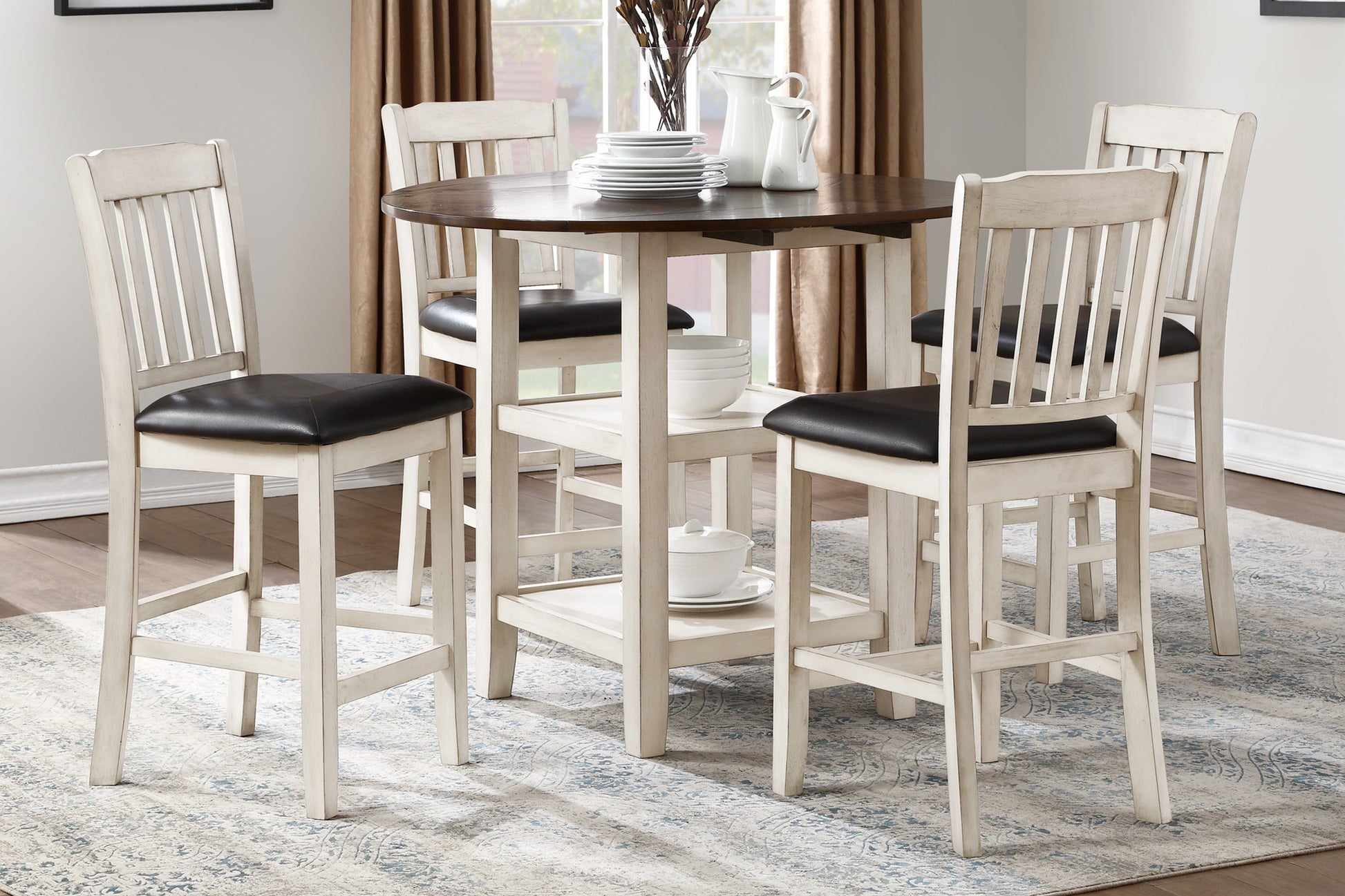 Distressed white wood counter height table and chairs set with dark wood top