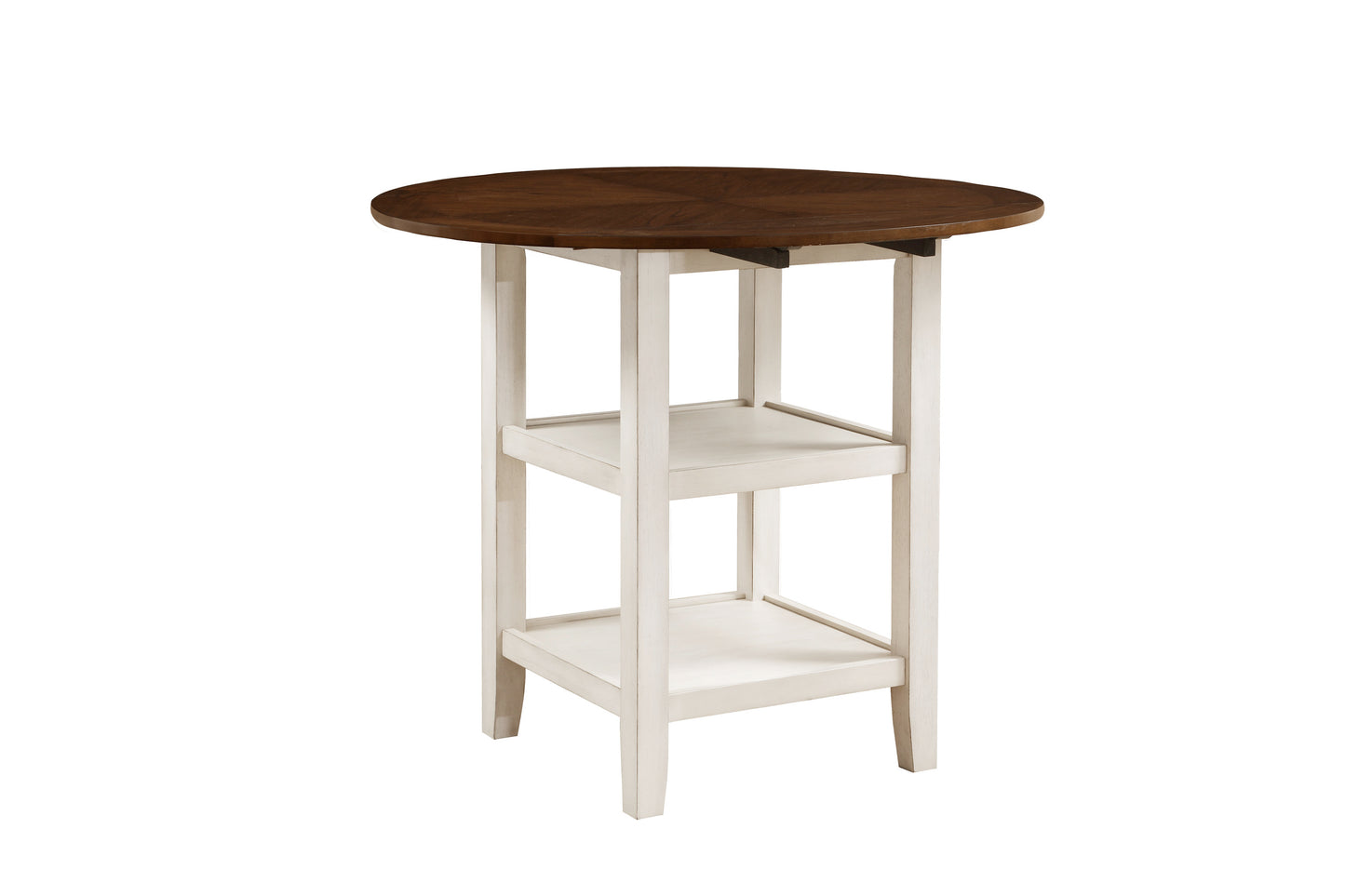 Round dark wood top bistro table with white base and two shelves