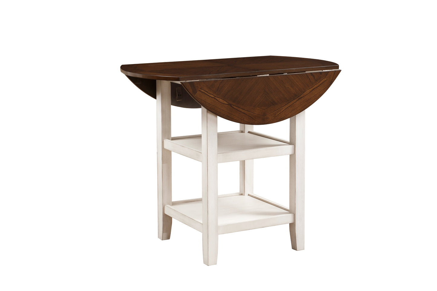 Drop leaf dining table with dark wood top and white base with two shelves
