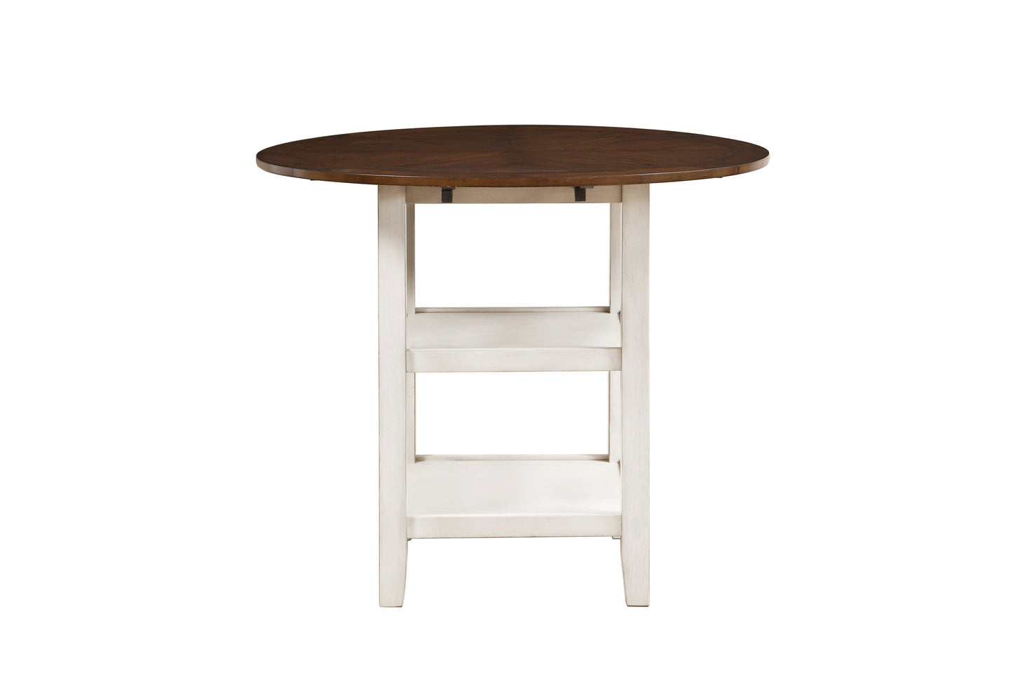 Round dark wood top counter height table with white base and two shelves