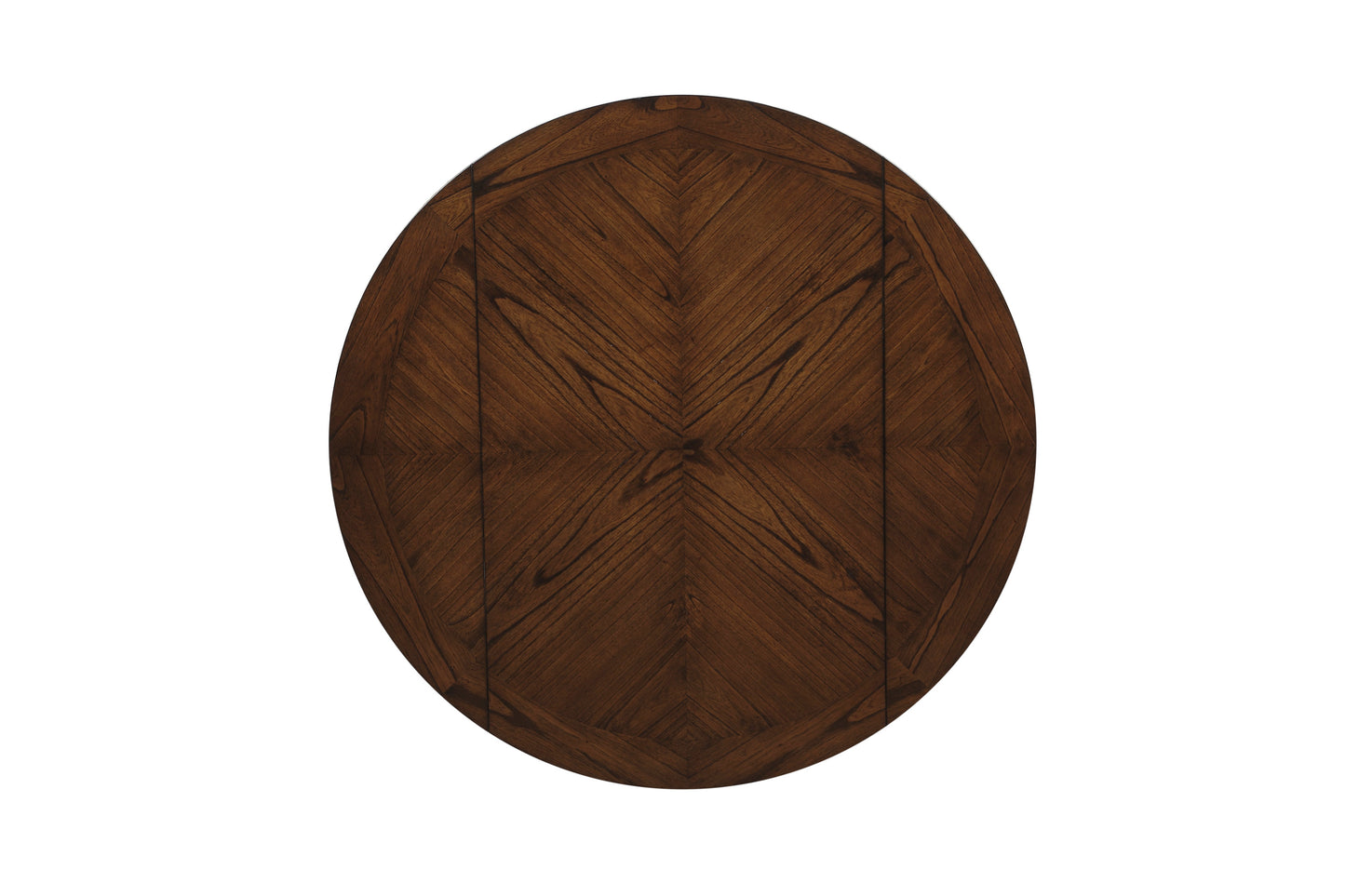 Round dark wood dining table top with intricate parquet pattern and beveled edge detail