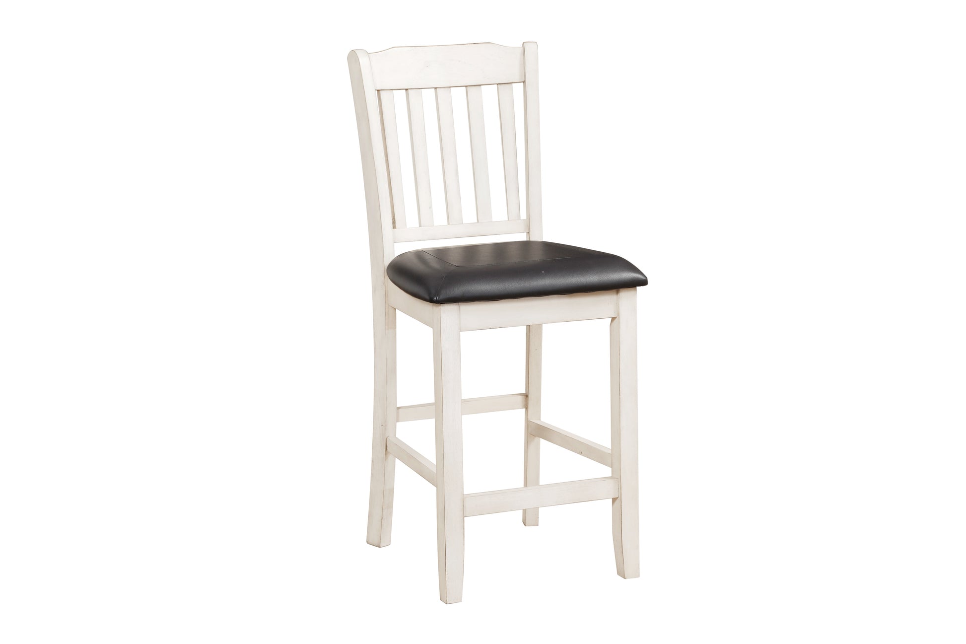 White wooden bar stool with a black upholstered seat