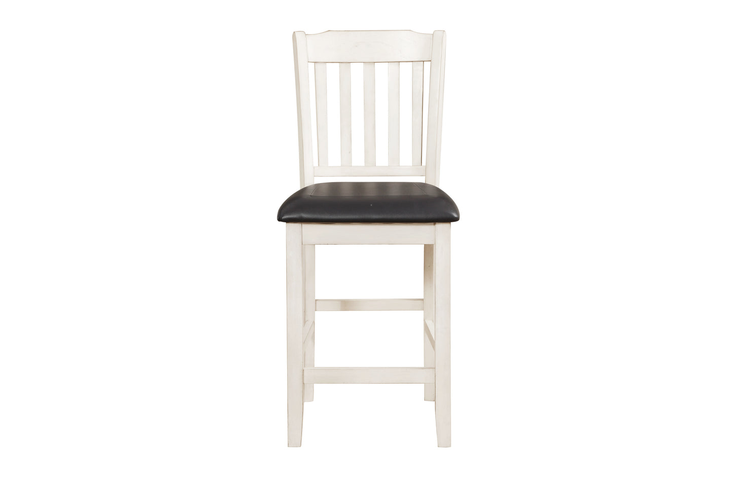 White wooden bar stool with a black padded seat featuring a slatted backrest for a classic look