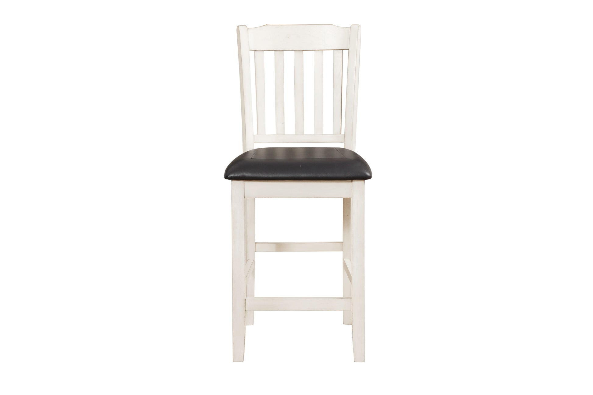 White wooden bar stool with a black padded seat featuring a slatted backrest for a classic look