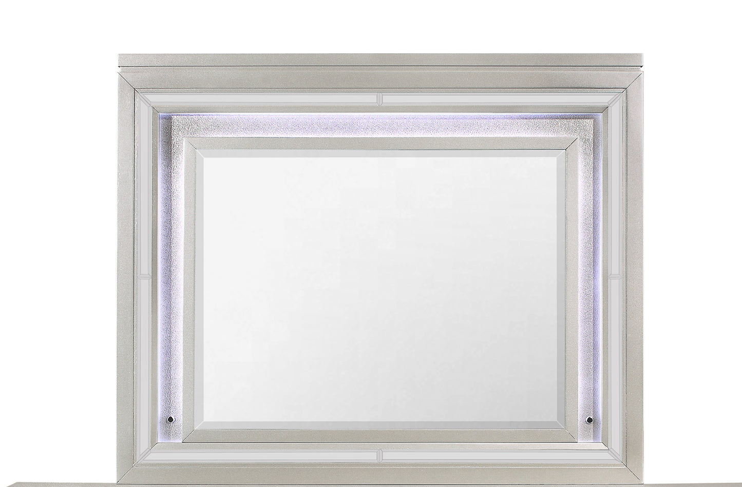 Silver framed vanity mirror with integrated LED lighting and a textured finish
