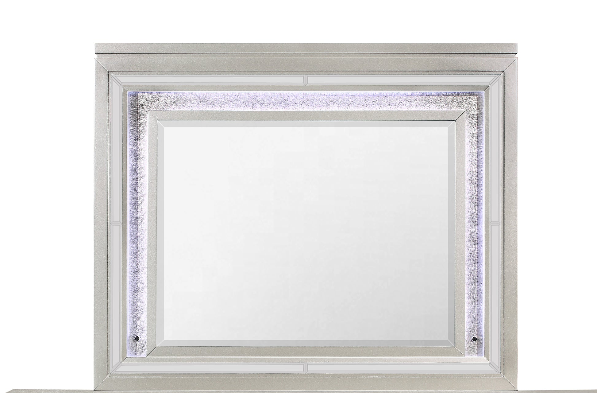 Silver framed vanity mirror with integrated LED lighting and a textured finish