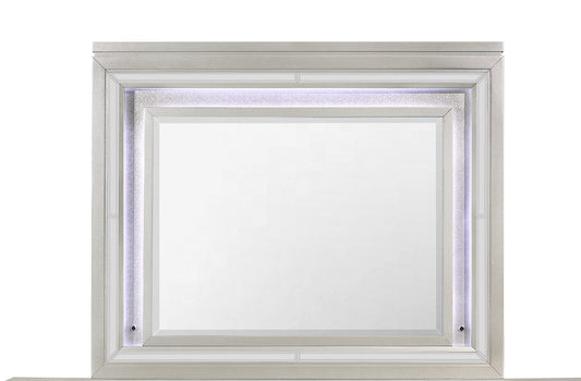 Silver framed vanity mirror with integrated LED lighting and a textured finish