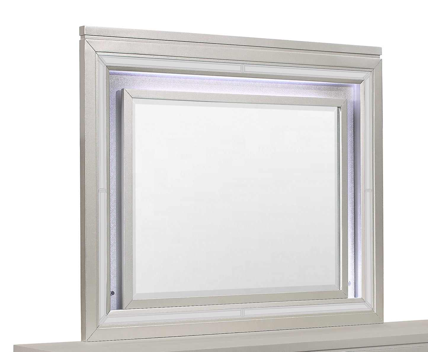 Modern silver dresser mirror with integrated LED lighting and beveled glass detail