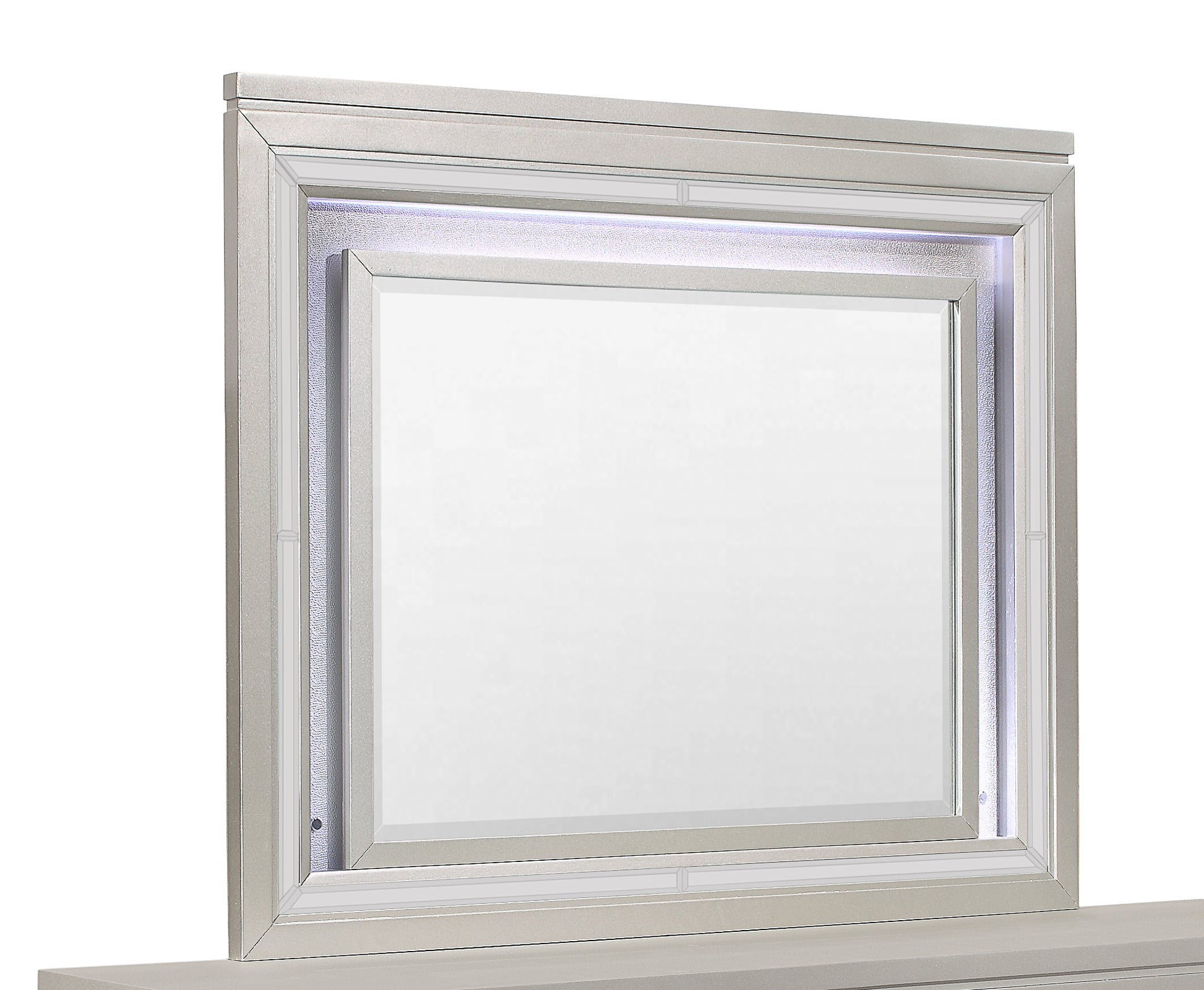 Modern silver dresser mirror with integrated LED lighting and beveled glass detail