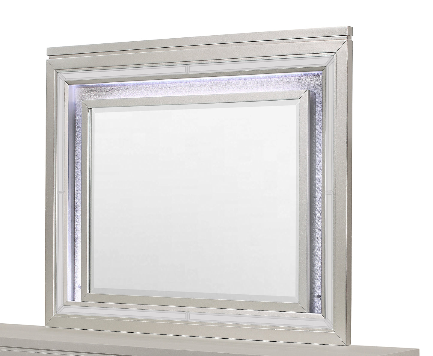 Silver illuminated dresser mirror with beveled glass and LED lighting