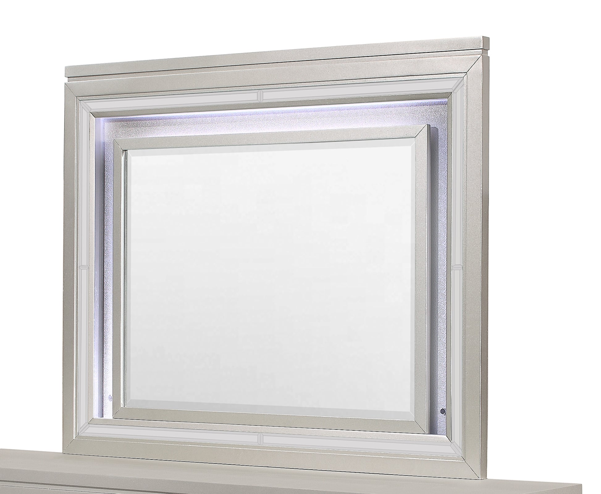 Silver illuminated dresser mirror with beveled glass and LED lighting