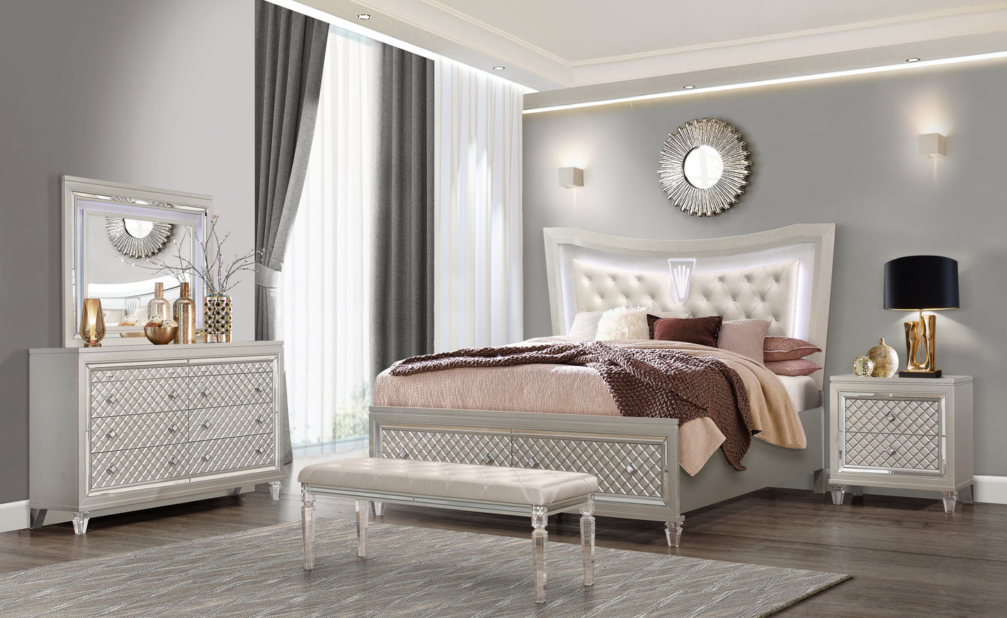 Upholstered queen bed with crystal tufting and LED headboard in elegant bedroom