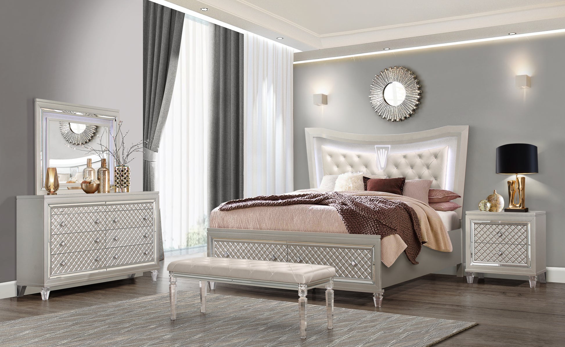 Upholstered queen bed with crystal tufting and LED headboard in elegant bedroom