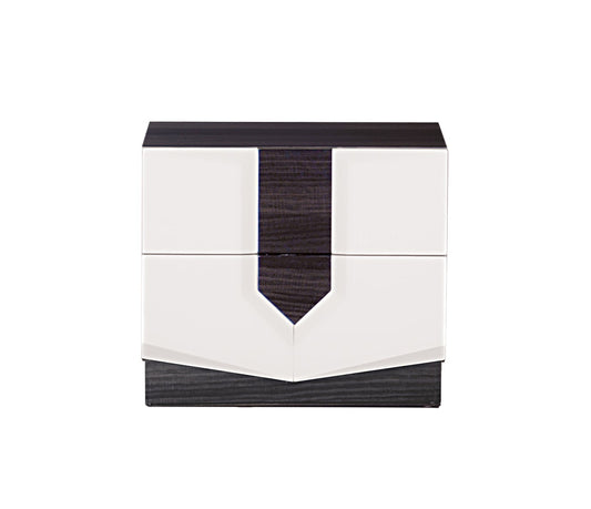 Modern white and dark wood dresser with a unique tielike front design