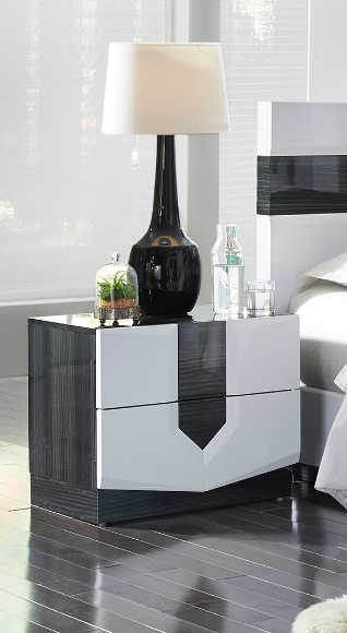 Modern white and grey gloss nightstand with two drawers featuring clean lines and a geometric design