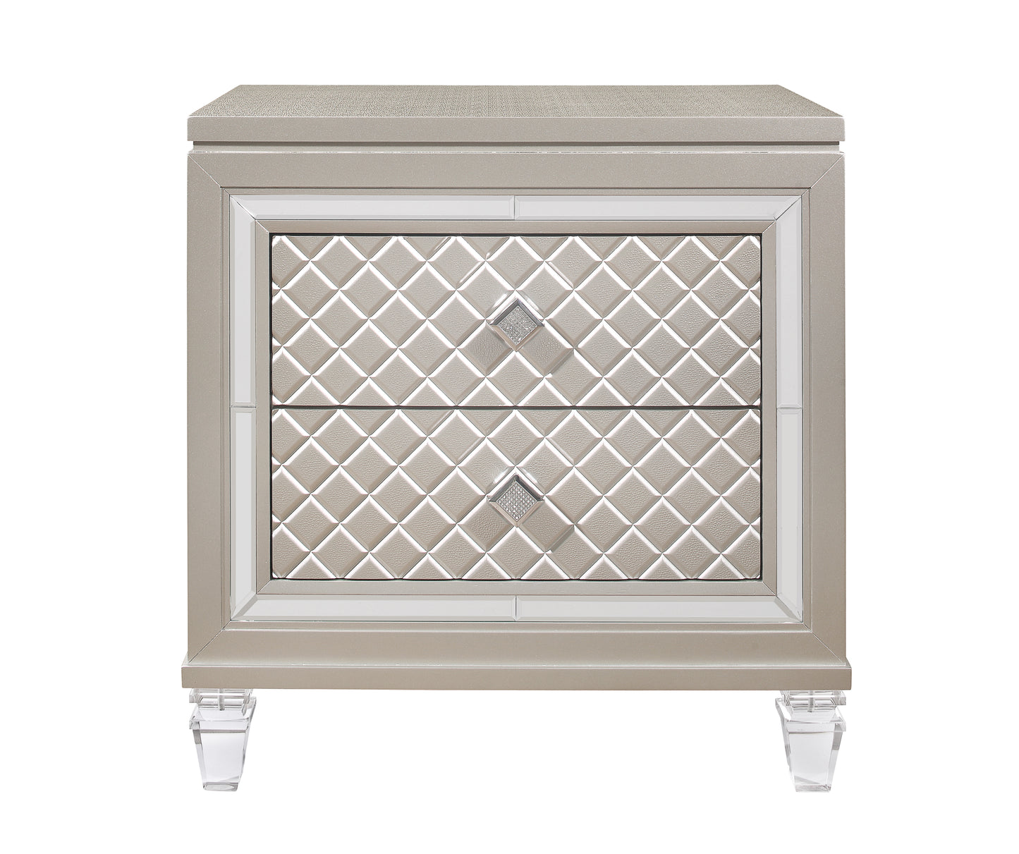 Champagne upholstered nightstand with diamond tufting and crystal knobs