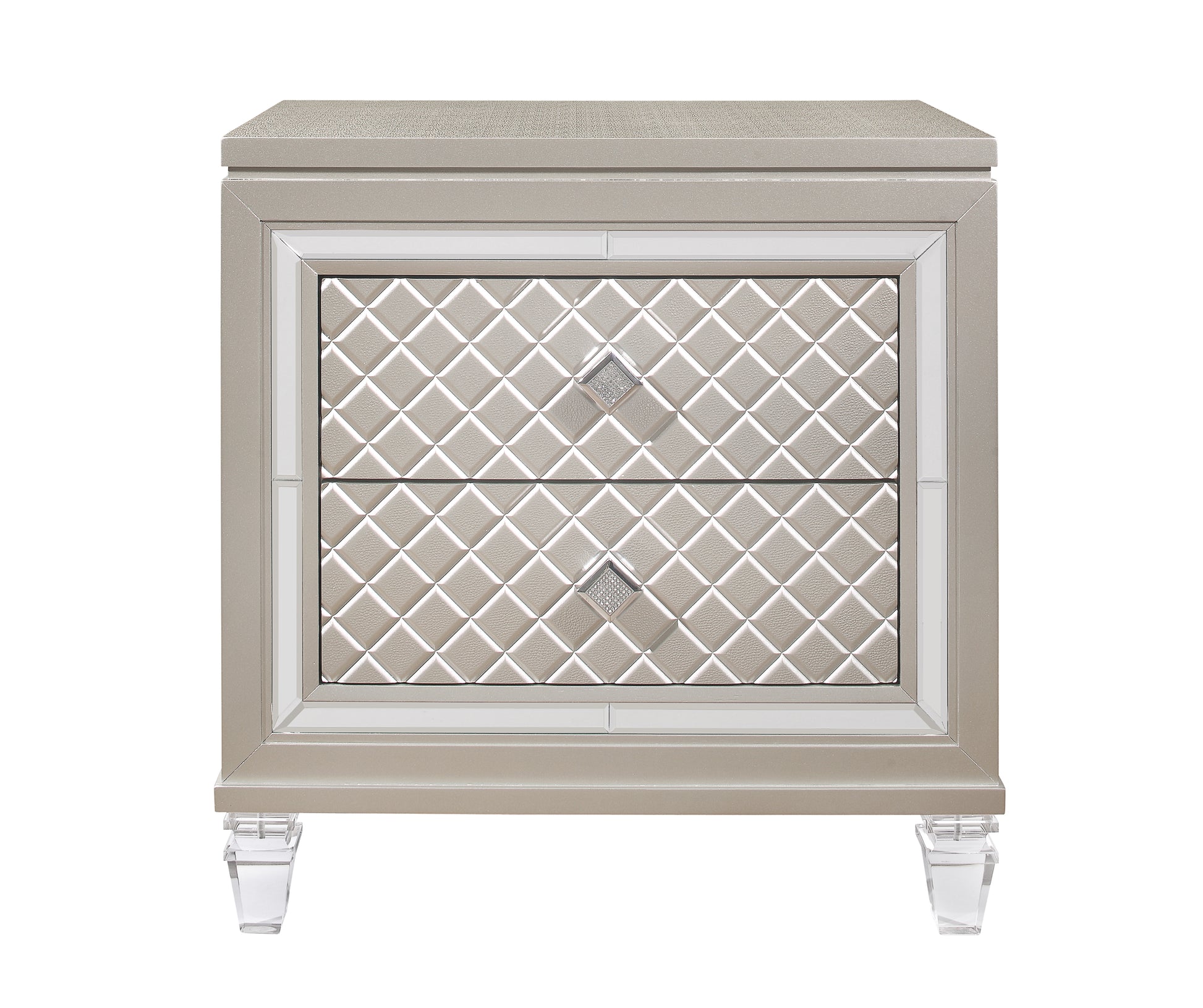 Champagne upholstered nightstand with diamond tufting and crystal knobs