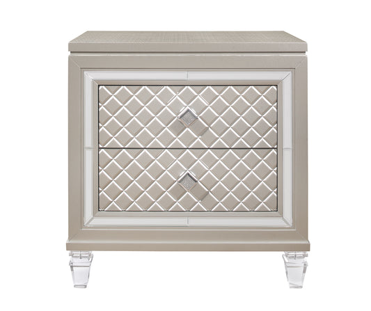 Champagne upholstered nightstand with diamond tufting and crystal knobs