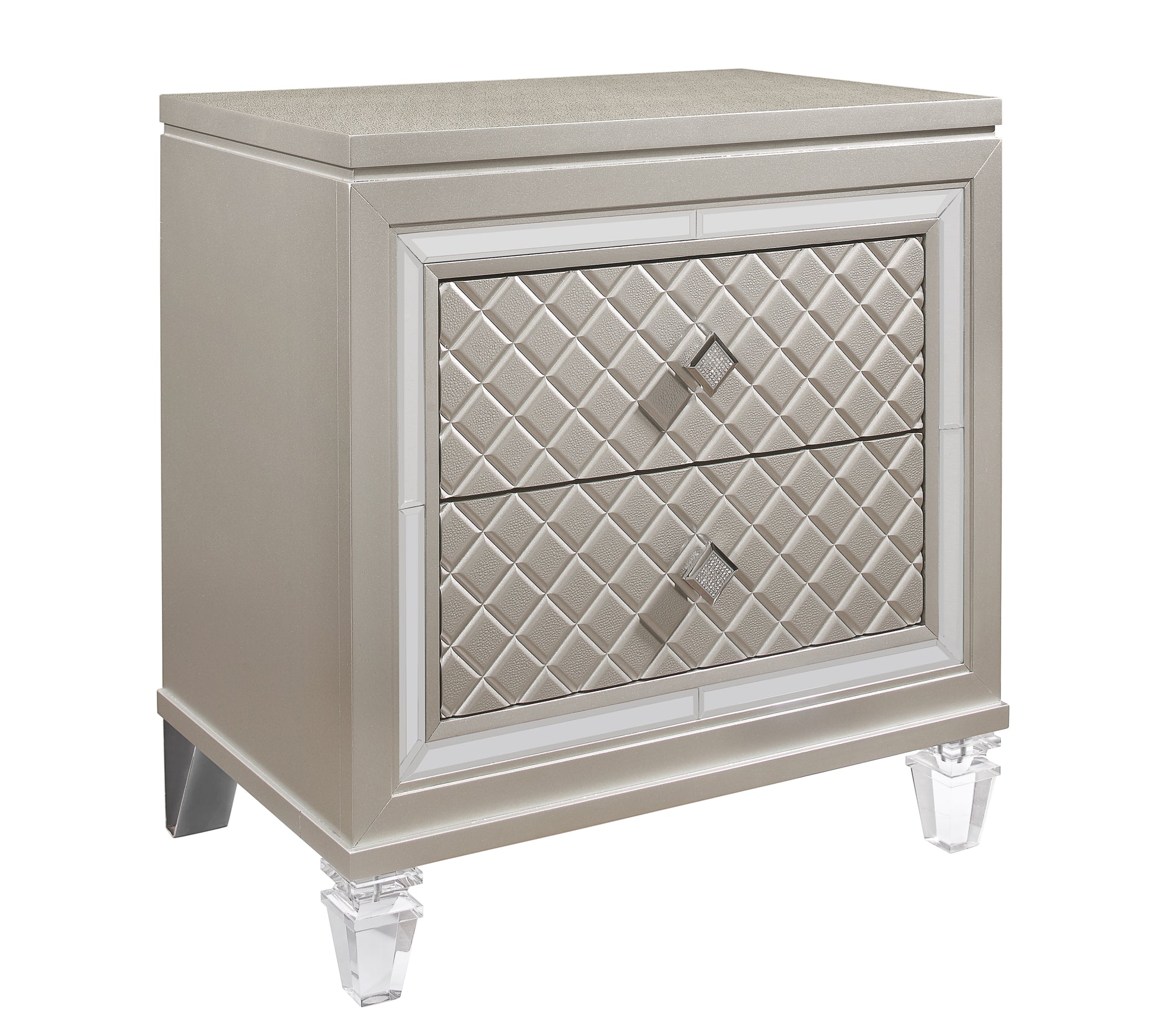 Champagne finished twodrawer nightstand with diamond tufted drawer fronts and crystal knobs