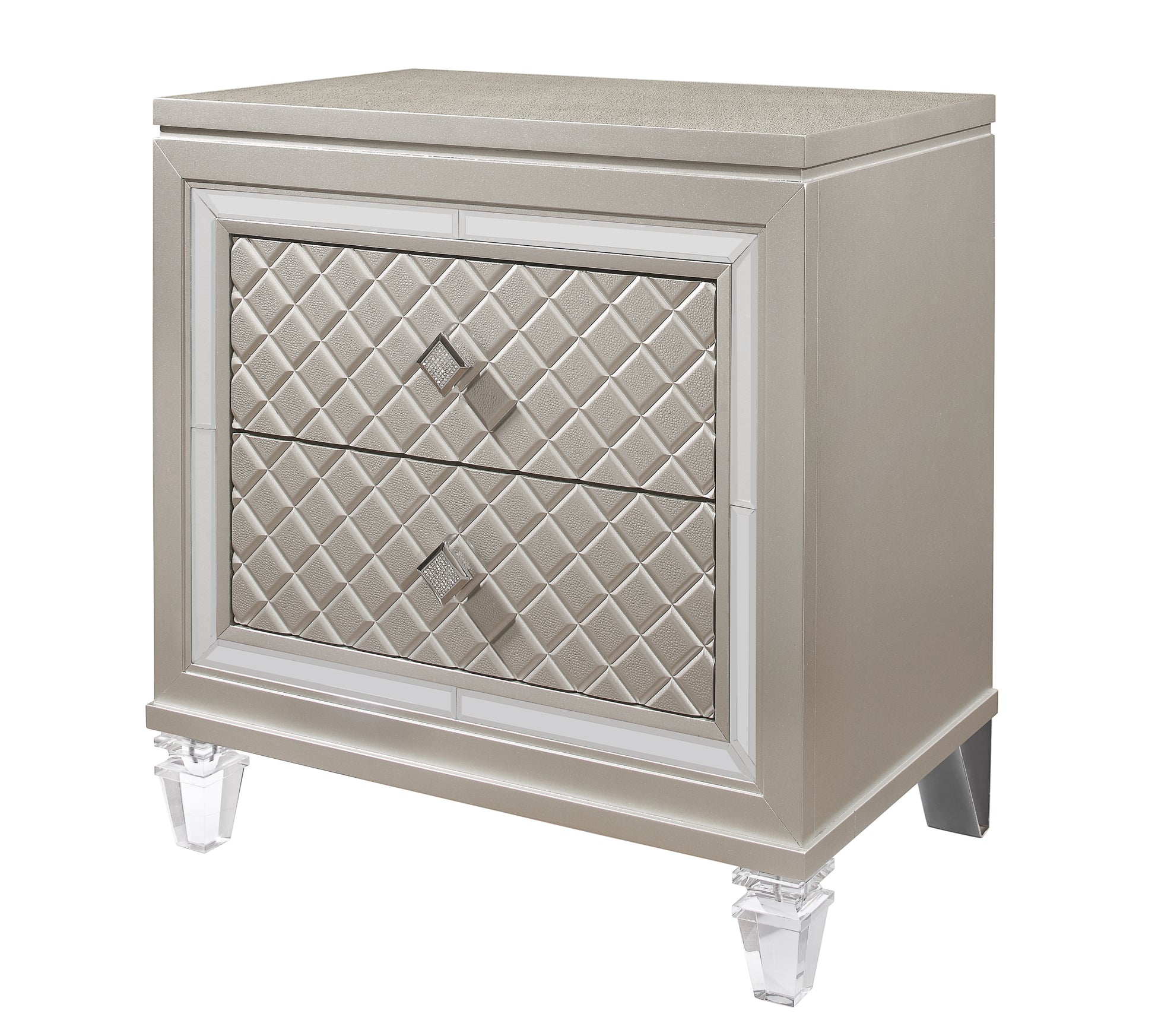 Glamorous champagne gold nightstand with two diamondtufted drawers and crystal hardware