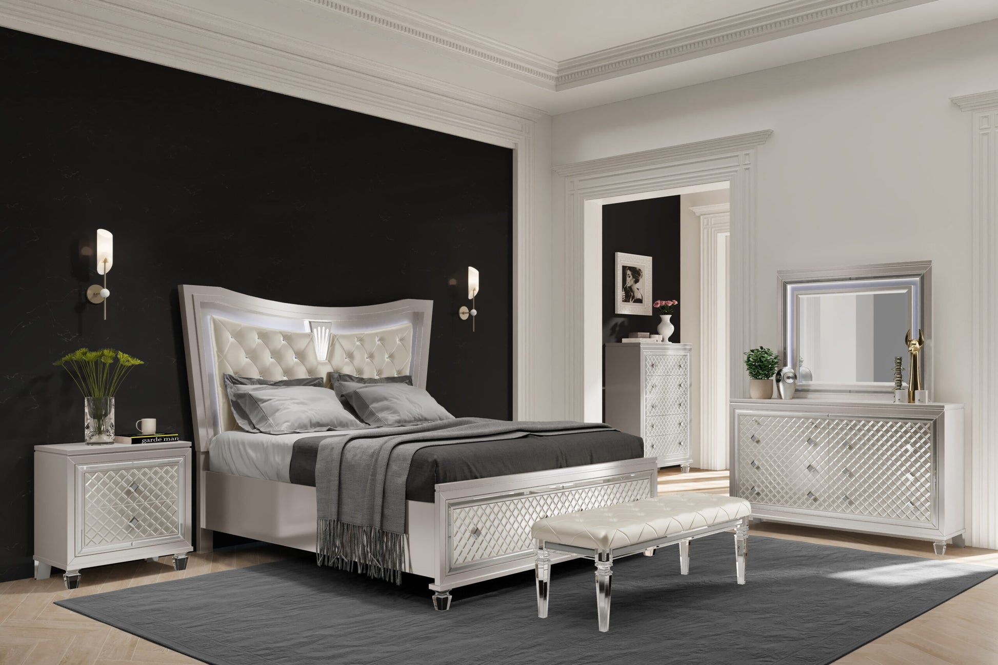 Luxurious tufted upholstered headboard with builtin LED lighting for this elegant queen size bed