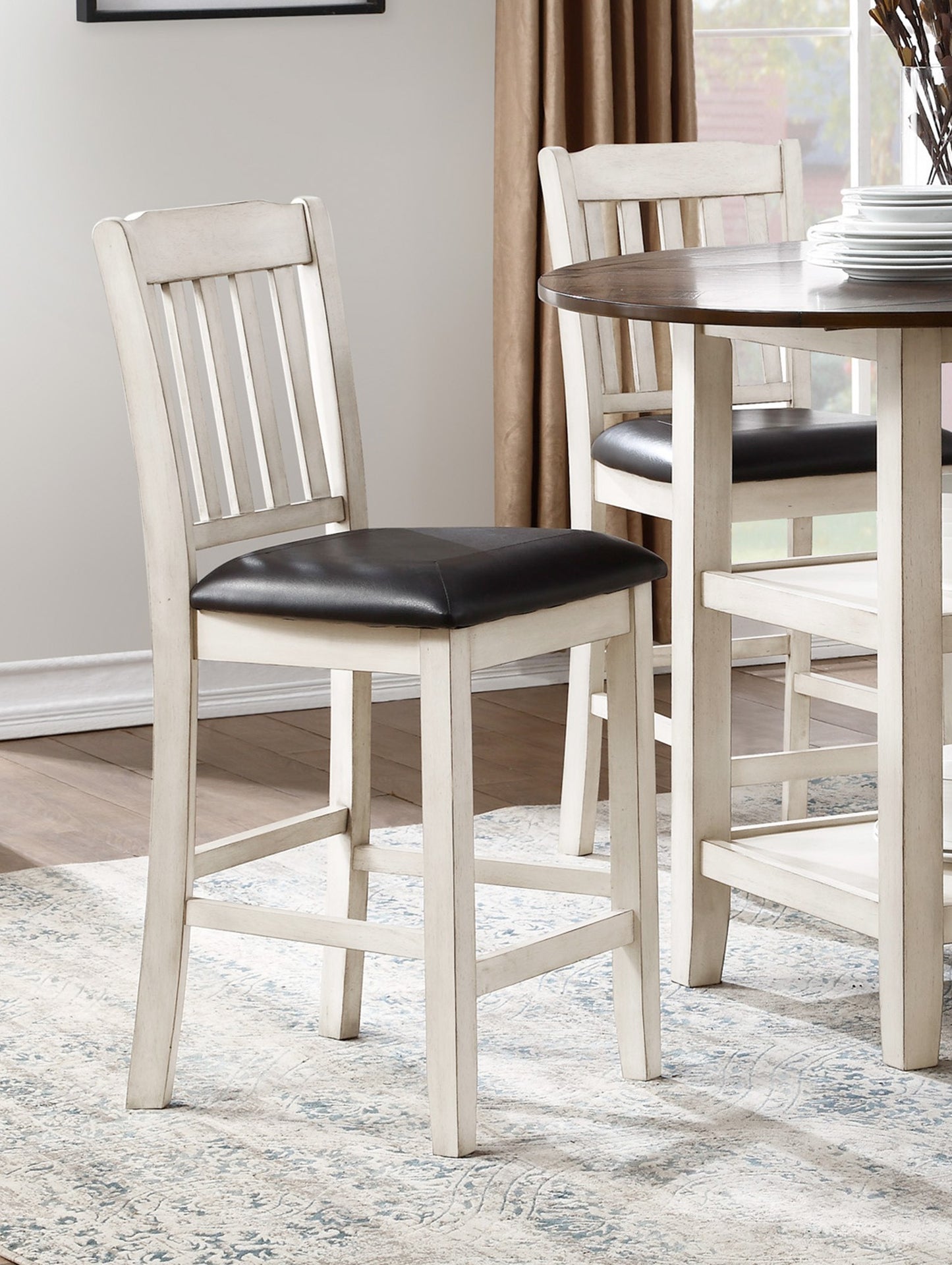 TREATLIFE HOME Set of 2 Counter Height Chairs with Antique White Finish and Dark Brown Faux Leather Seats for Kitchen Dining