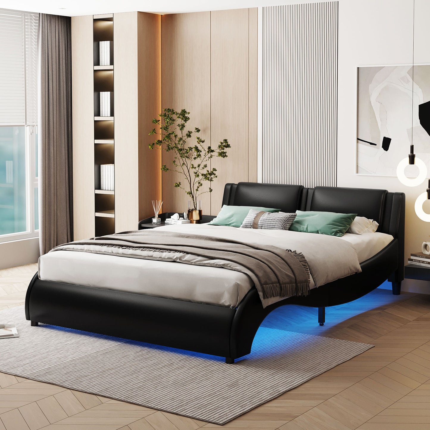 TREATLIFE HOME Full Size Upholstered Faux Leather Platform Bed with LED Lights, Unique Design for Modern Bedrooms, Black